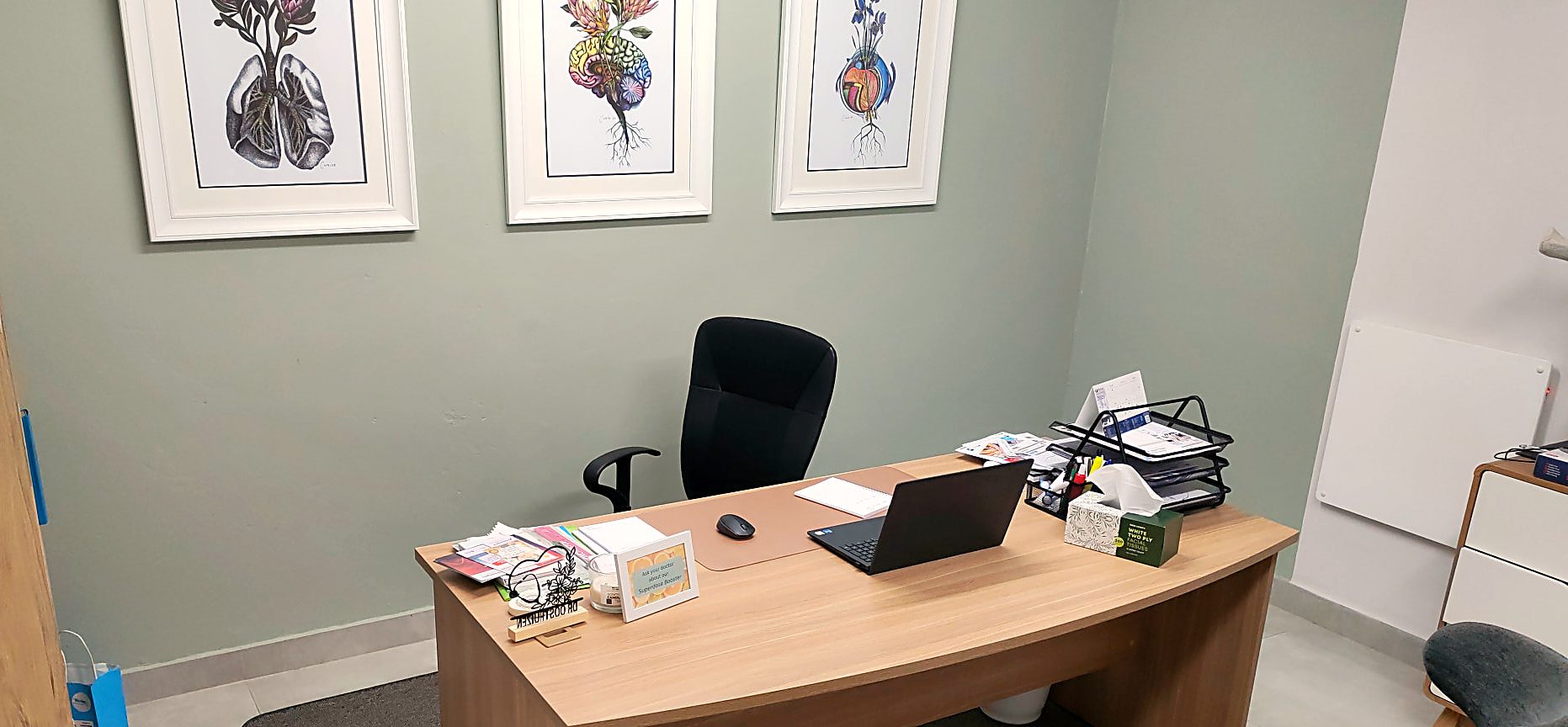 A WillowMed consulting room with an oak desk, botanical prints and a sage wall